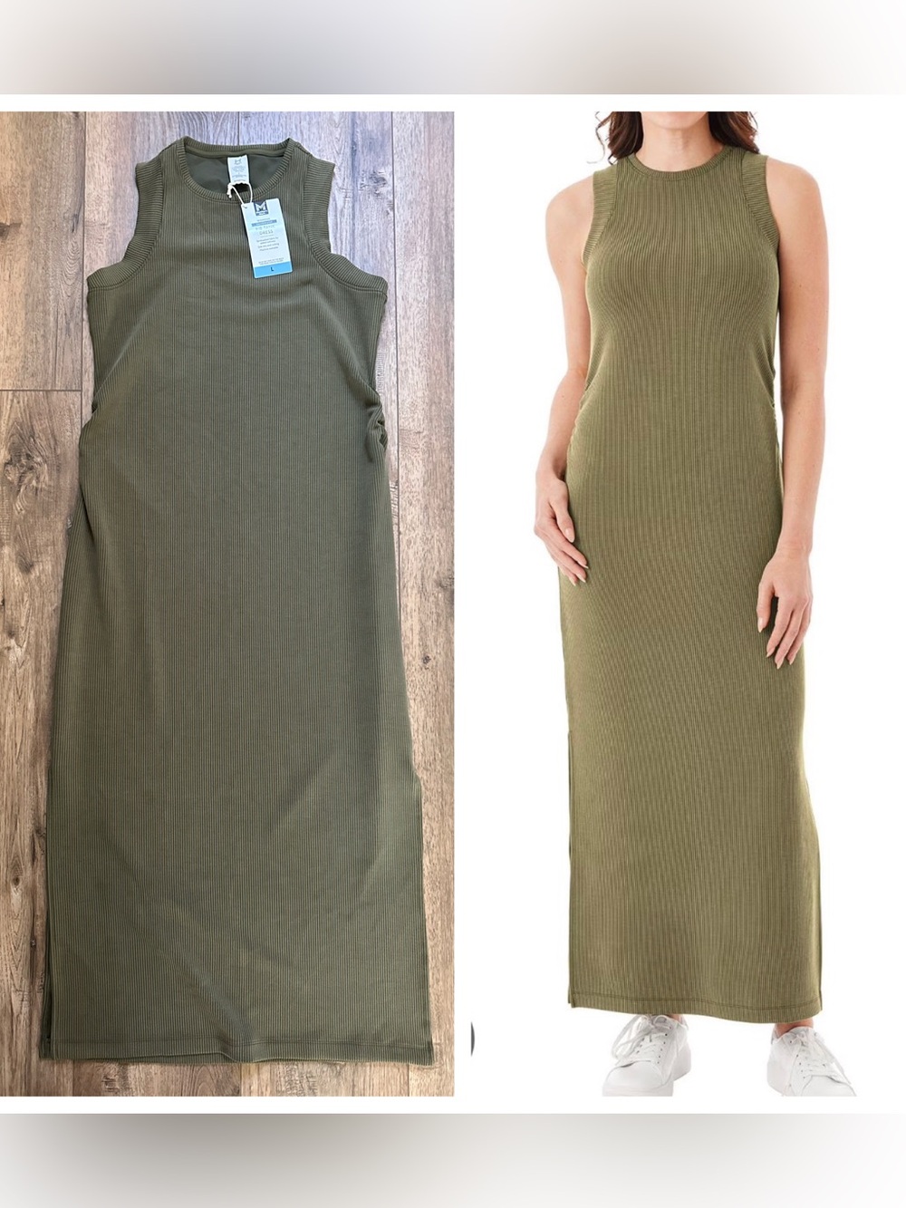 NWT! Rib Tank Dress, Olive Green, Midi, Maxi, Stretch, Side Slits, Large